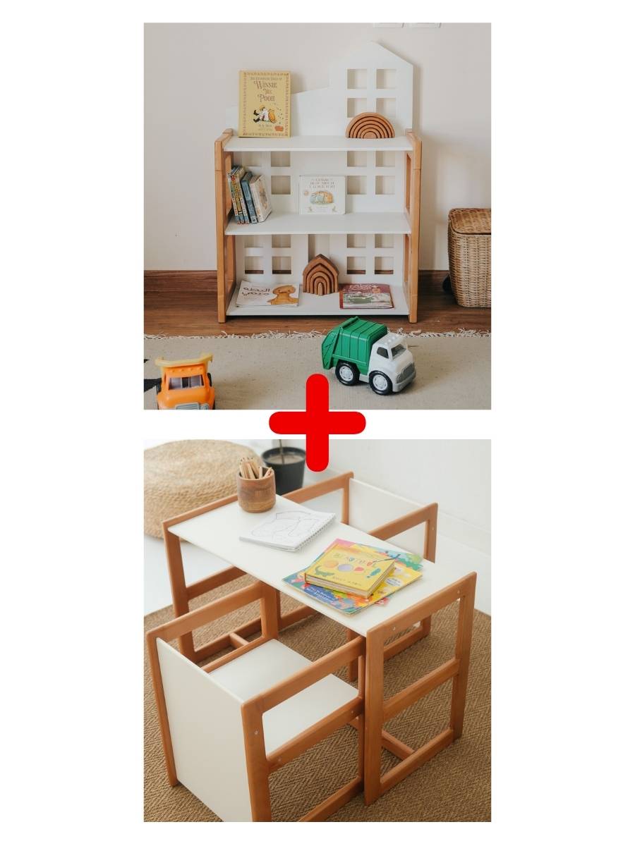 The image shows a creativity bundle consisting of a wooden activity corner duo with a table and two chairs, and a wooden storyhouse bookshelf with various toys and books on the shelves.